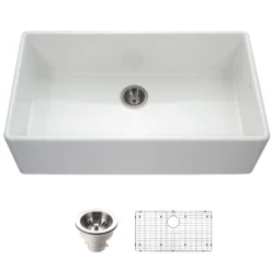 Houzer Platus 36 inch White Fireclay Apron Front Farmhouse Single Bowl Kitchen Sink with Strainer & Grid - PTG-3600 WH-C