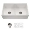 Houzer Platus 33 inch White Fireclay Apron Front Farmhouse 50/50 Double Bowl Kitchen Sink with Strainer & Grids - PTD-4400 WH-C