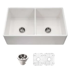 Houzer Platus 33 inch White Fireclay Apron Front Farmhouse 50/50 Double Bowl Kitchen Sink with Strainer & Grids - PTD-4400 WH-C