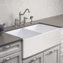 Houzer Platus 33 inch White Fireclay Apron Front Farmhouse 50/50 Double Bowl Kitchen Sink with Strainer & Grids - PTD-4400 WH-C