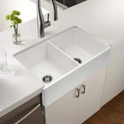 Houzer Platus 33 inch White Fireclay Apron Front Farmhouse 50/50 Double Bowl Kitchen Sink with Strainer & Grids - PTD-4400 WH-C