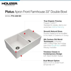 Houzer Platus 33 inch White Fireclay Apron Front Farmhouse 50/50 Double Bowl Kitchen Sink with Strainer & Grids - PTD-4400 WH-C