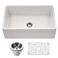 Houzer Platus 30 inch White Fireclay Apron Front Farmhouse Single Bowl Kitchen Sink - PTS-4118 WH-C with Basket Strainer and Basin Grid Included