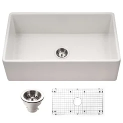 Houzer Platus 33 inch White Fireclay Apron Front Farmhouse Single Bowl Kitchen Sink - PTG-4318 WH-C with Basket Strainer and Basin Grid Included