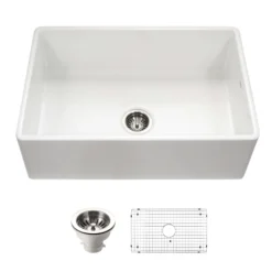 Houzer Platus 33 inch White Fireclay Apron Front Farmhouse Kitchen Sink with Strainer & Grid - PTG-4300 WH-C