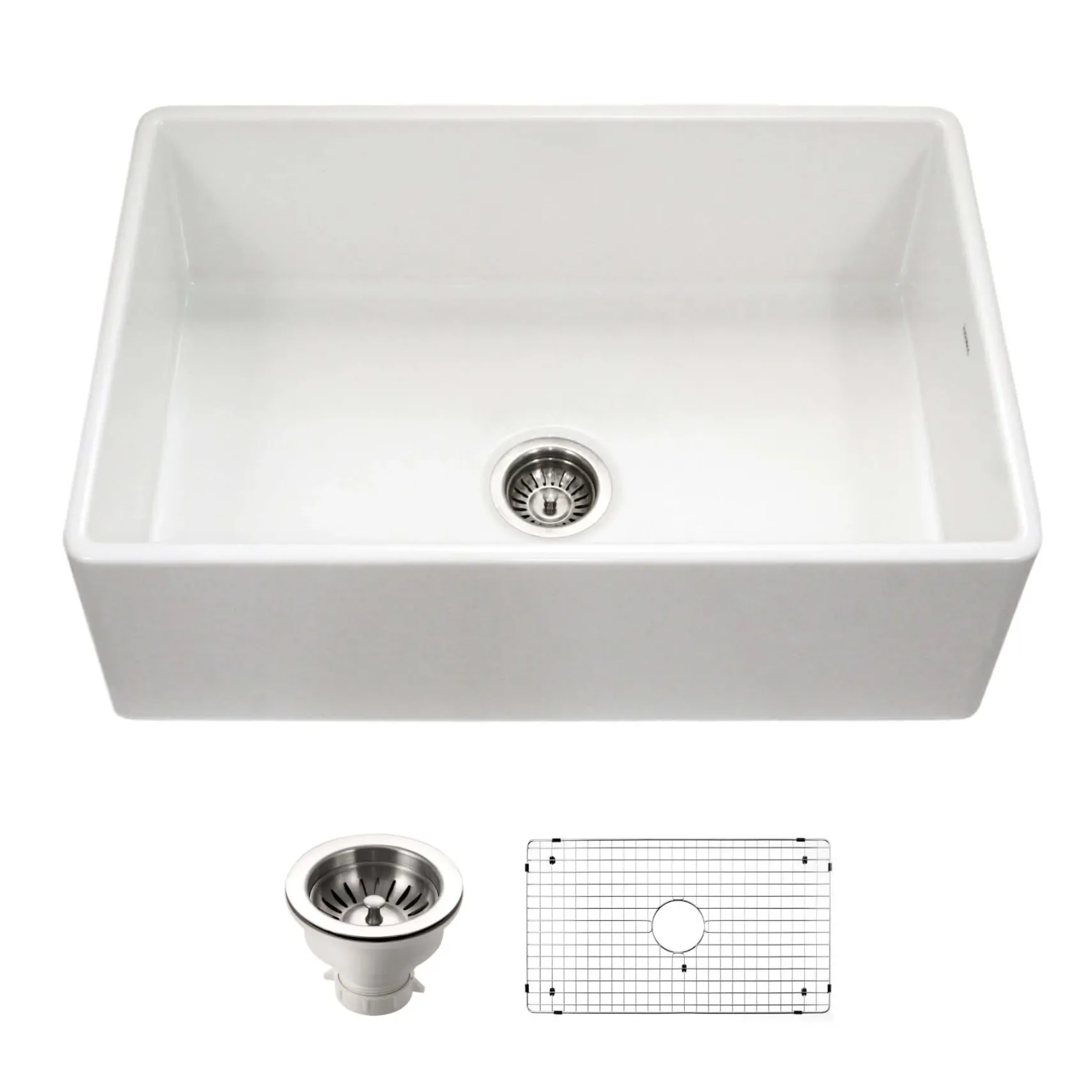 Houzer Platus 33 inch White Fireclay Apron Front Farmhouse Kitchen Sink with Strainer & Grid - PTG-4300 WH-C