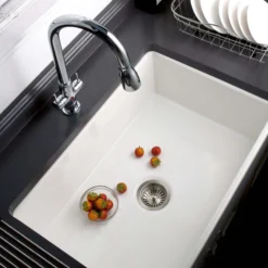 Houzer Platus 33 inch White Fireclay Apron Front Farmhouse Kitchen Sink with Strainer & Grid - PTG-4300 WH-C