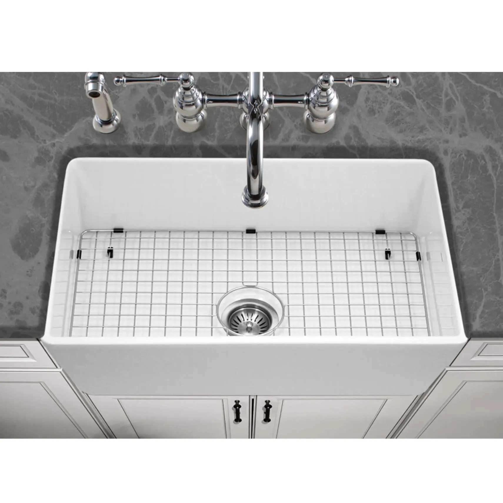 Houzer Platus 33 inch White Fireclay Apron Front Farmhouse Kitchen Sink with Strainer & Grid - PTG-4300 WH-C