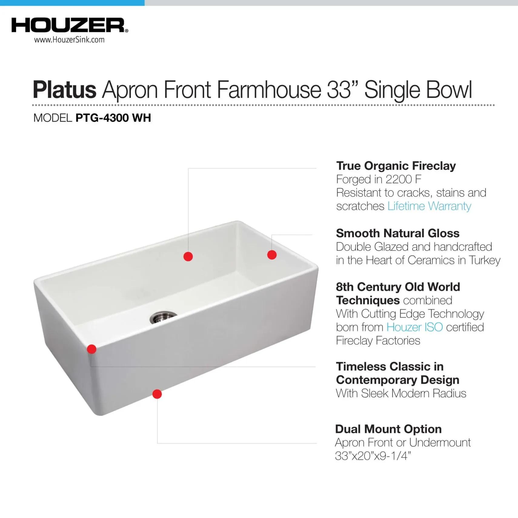 Houzer Platus 33 inch White Fireclay Apron Front Farmhouse Kitchen Sink with Strainer & Grid - PTG-4300 WH-C