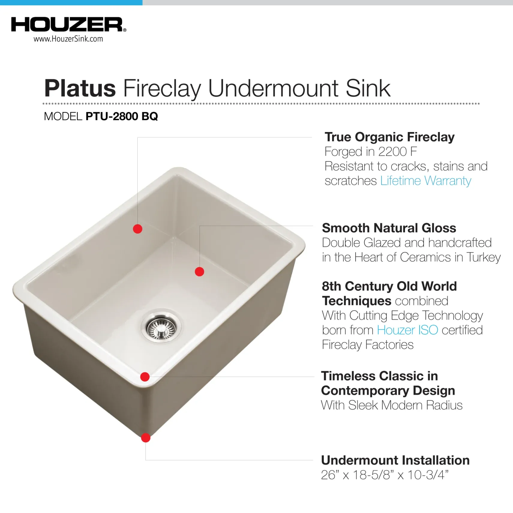 Houzer Platus 18" Undermount Fireclay Kitchen Sink, Biscuit, PTU-2800 BQ