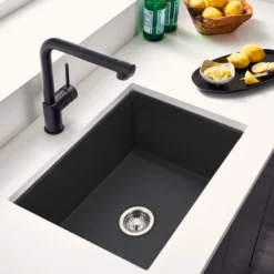 Houzer Platus 18" Undermount Fireclay Kitchen Sink, Black, PTU-2800 BL