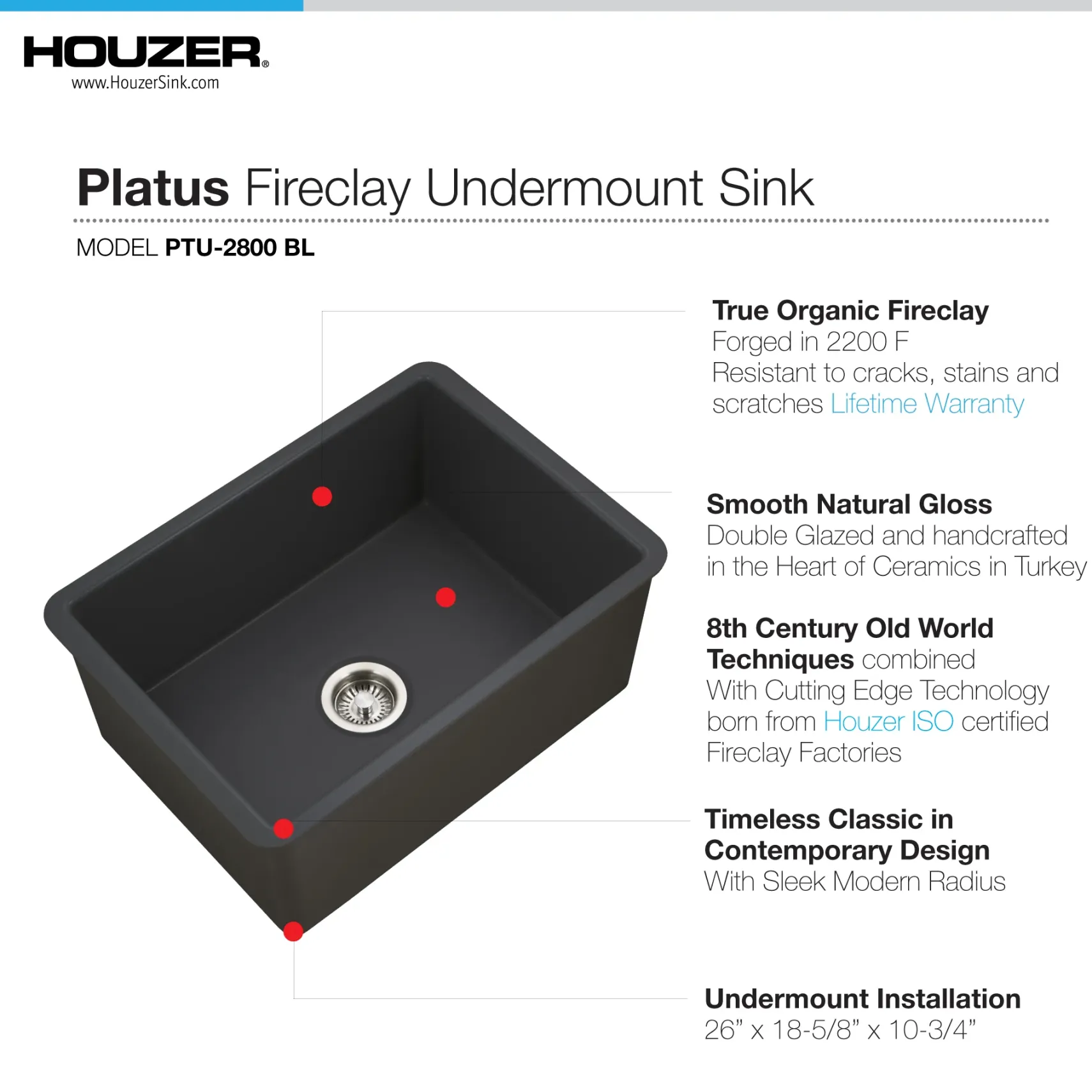 Houzer Platus 18" Undermount Fireclay Kitchen Sink, Black, PTU-2800 BL