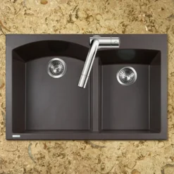 Houzer Quartztone 33" Drop In/Topmount Granite Kitchen Sink, 60/40 Double Bowl, Mocha, P-175 Mocha