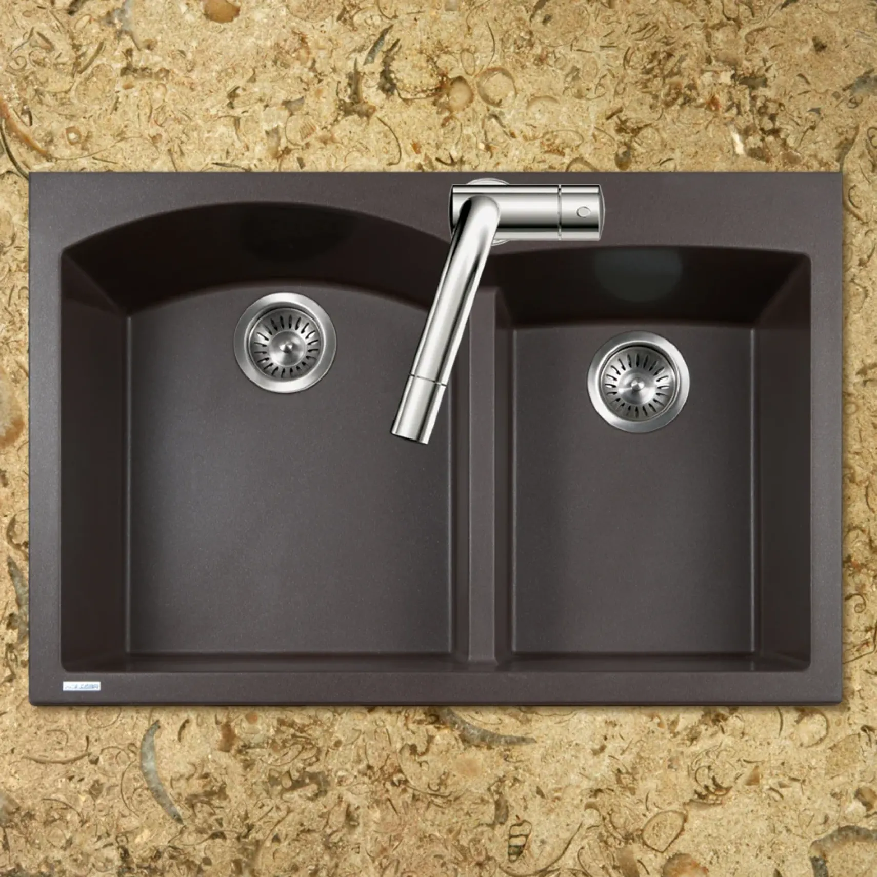 Houzer Quartztone 33" Drop In/Topmount Granite Kitchen Sink, 60/40 Double Bowl, Mocha, P-175 Mocha