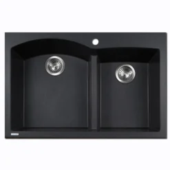 Houzer Quartztone 33" Drop In/Topmount Granite Kitchen Sink, 60/40 Double Bowl, Midnite, P-175 Midnite