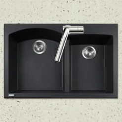 Houzer Quartztone 33" Drop In/Topmount Granite Kitchen Sink, 60/40 Double Bowl, Midnite, P-175 Midnite