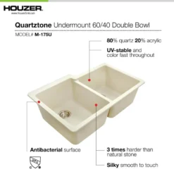 Houzer Quartztone 33 inch Slate Granite Composite Undermount 60/40 Double Bowl Kitchen Sink - M-175U SLATE