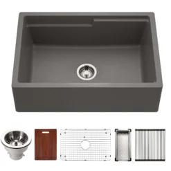 Houzer Quartztone 30 inch Slate Apron Front Farmhouse Granite Workstation Kitchen Sink with Accessories- Granite Composite, W-130 SLATE-C