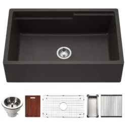 Houzer Quartztone 33" Midnite Apron Front Farmhouse Granite Composite Workstation Kitchen Sink with Accessories - W-133 MIDNITE-C