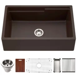 Houzer Quartztone 33" Mocha Apron Front Farmhouse Granite Composite Workstation Kitchen Sink with Accessories - W-133 MOCHA-C