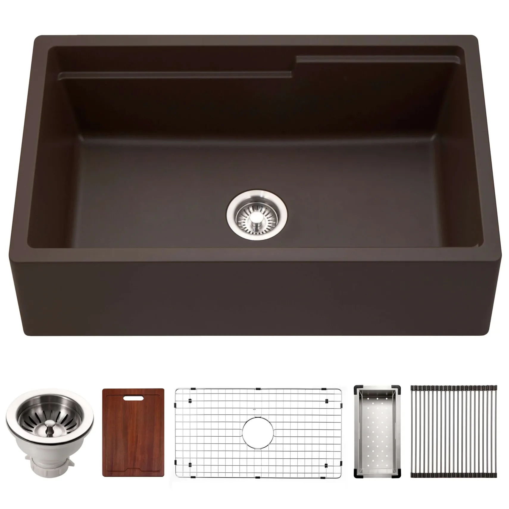Houzer Quartztone 33" Mocha Apron Front Farmhouse Granite Composite Workstation Kitchen Sink with Accessories - W-133 MOCHA-C