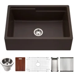 Houzer Quartztone 30" Mocha Apron Front Farmhouse Granite Composite Workstation Kitchen Sink with Accessories - W-130 MOCHA-C