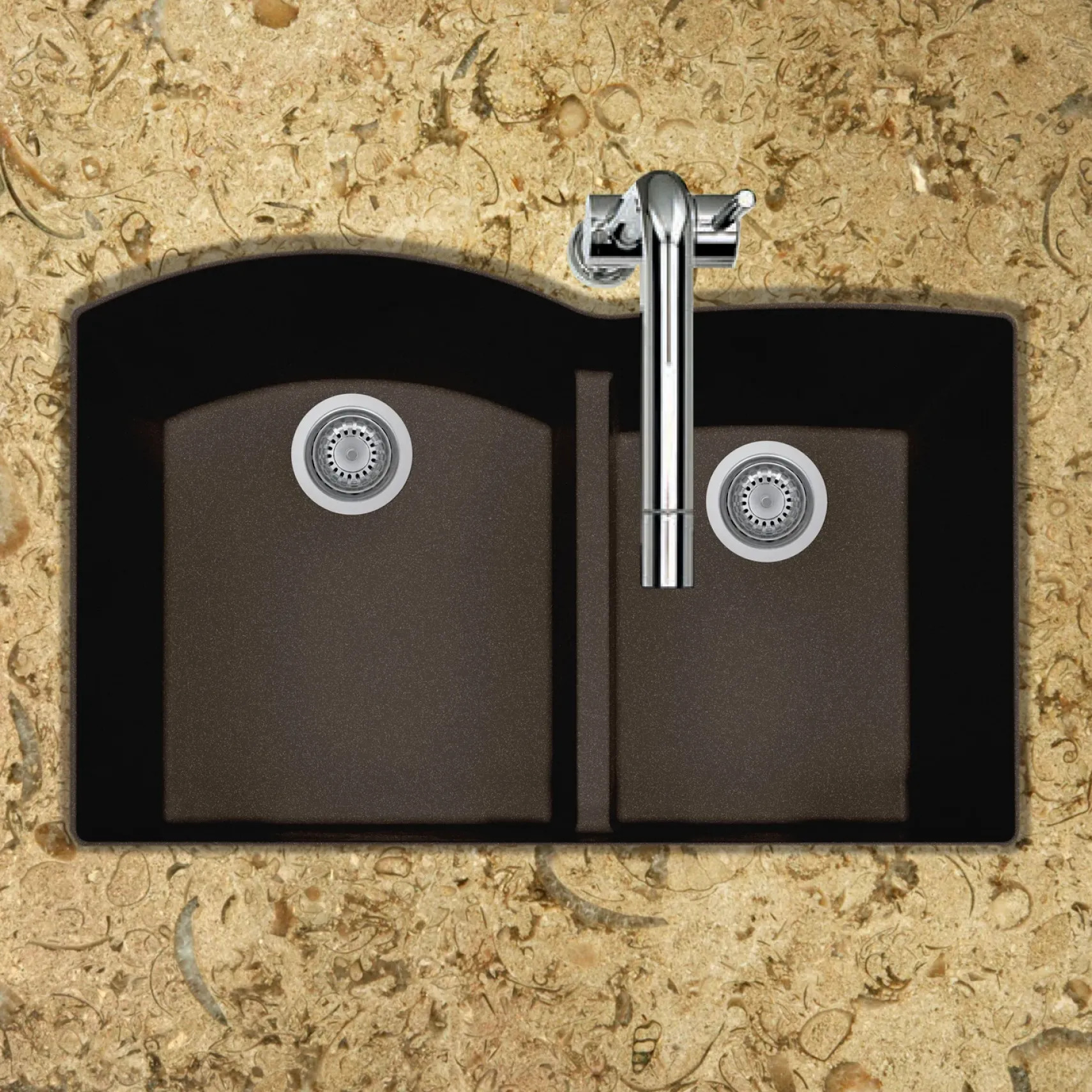 Houzer Quartztone 33" Undermount Granite Kitchen Sink, 60/40 Double Bowl, Mocha, P-175U Mocha