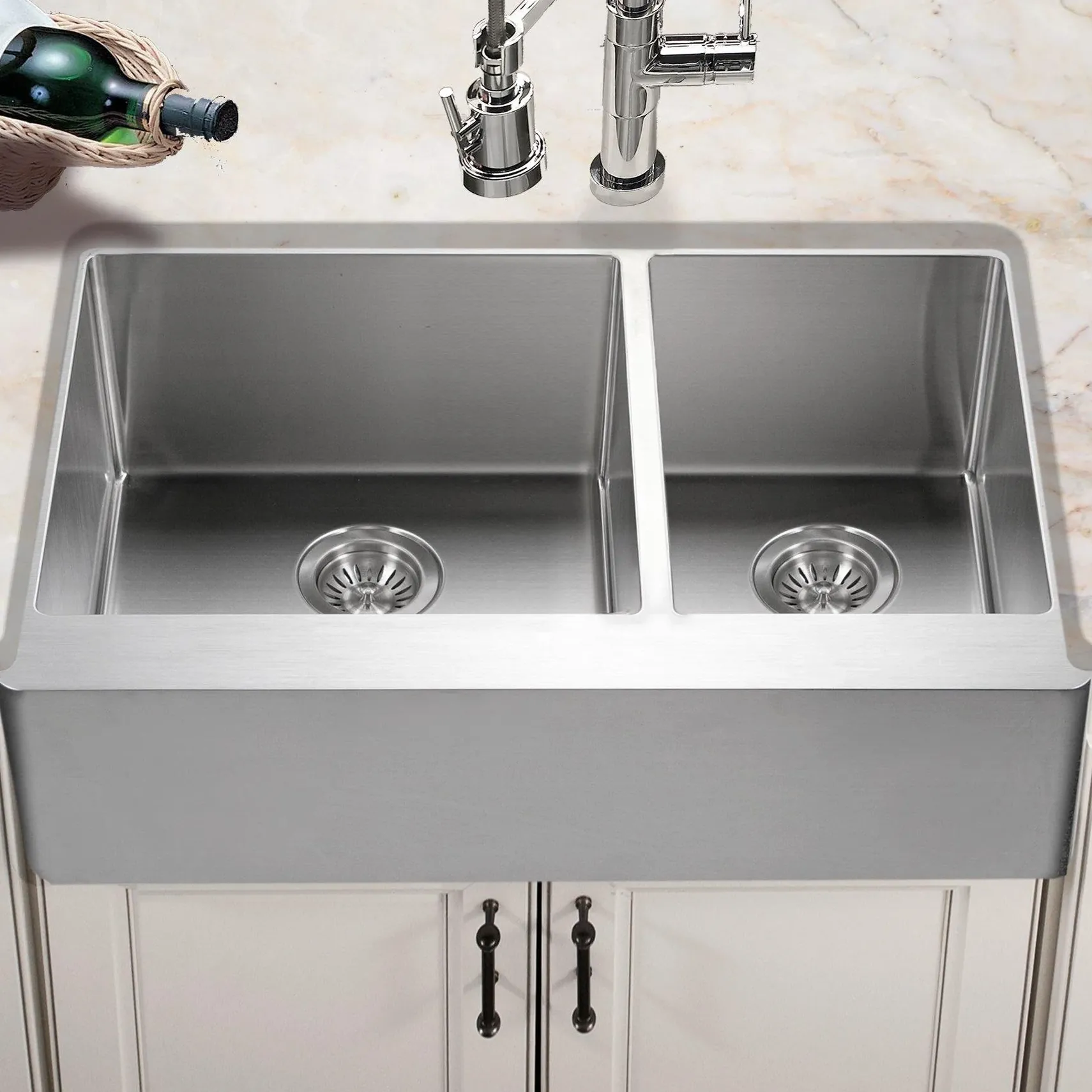 Houzer 33" Stainless Steel Farmhouse Apron Front Kitchen Sink, 60/40 Double Bowl, END-3360SR