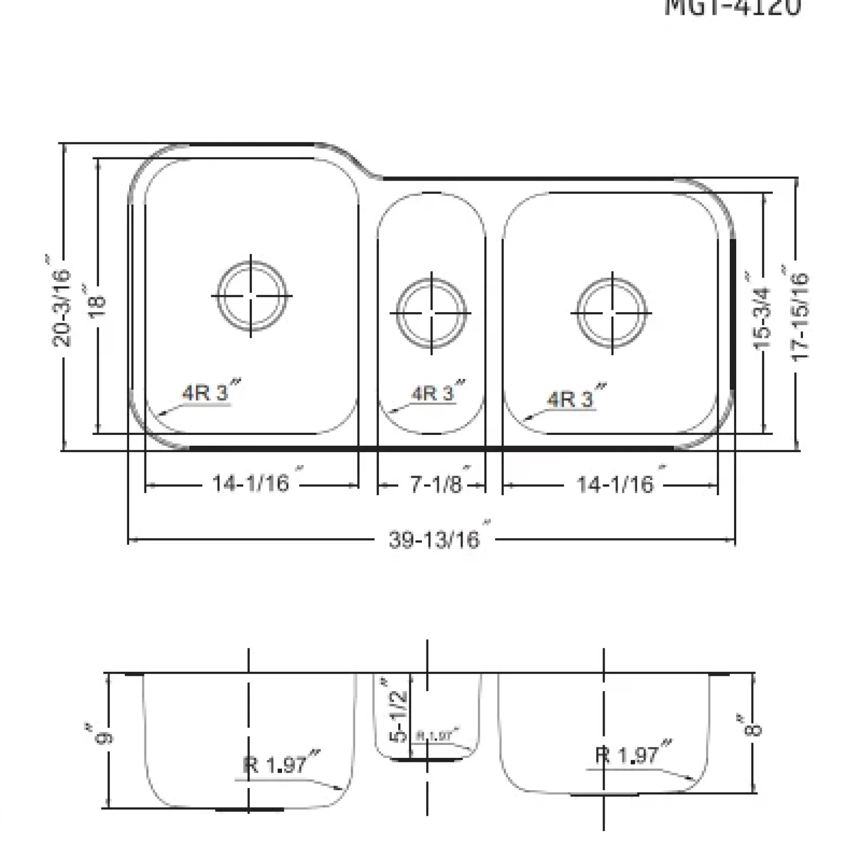 Houzer 40" Stainless Steel Undermount Triple Bowl Kitchen Sink, 18 Gauge, MGT-4120-1