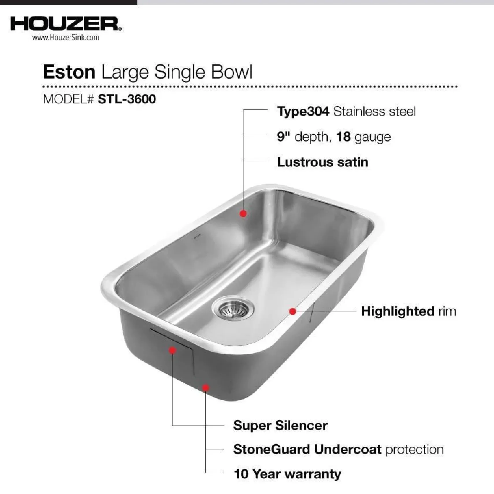 Houzer 33" Stainless Steel Undermount Single Bowl Kitchen Sink, 18 Gauge, STL-3600-1