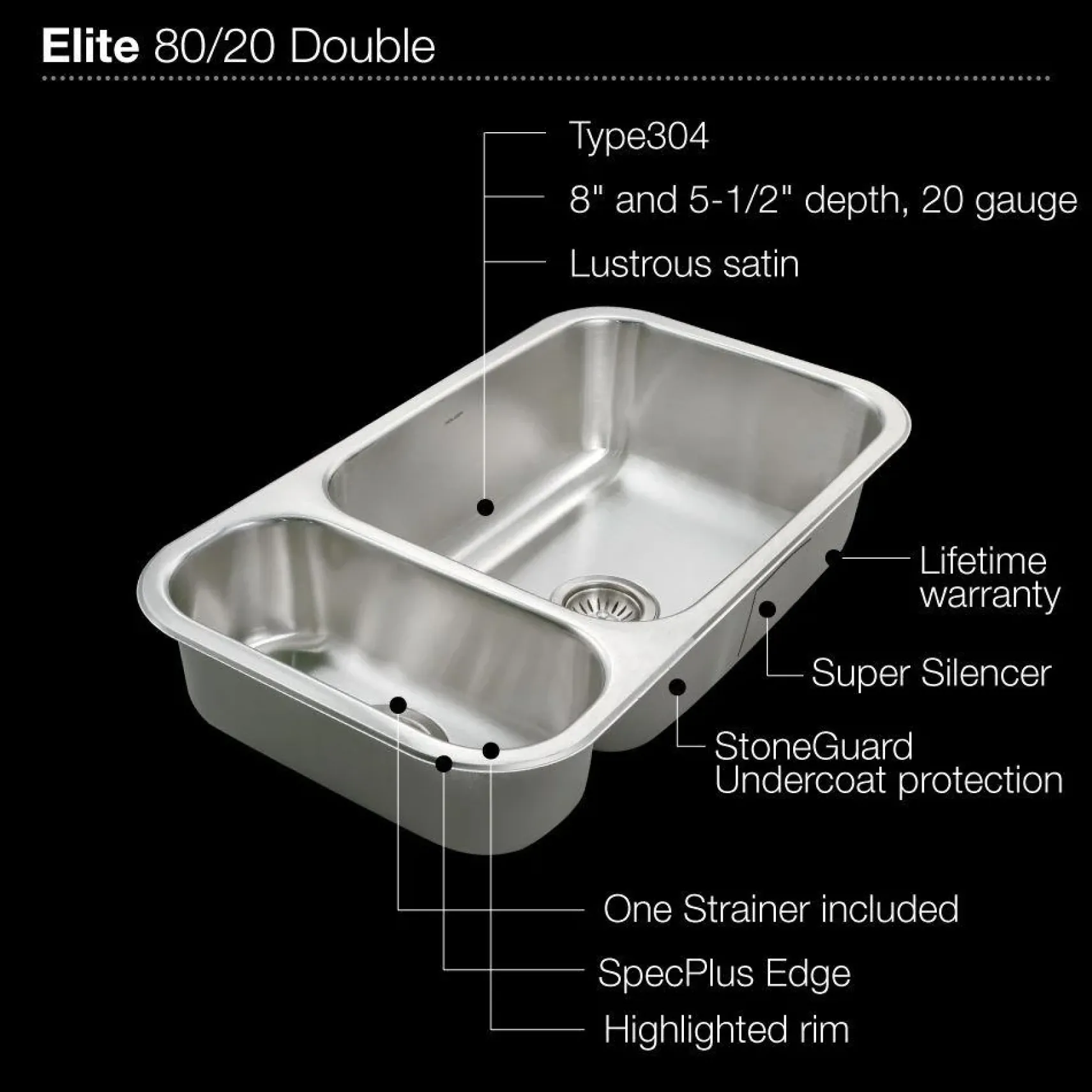 Houzer 32" Stainless Steel Undermount Double Bowl Kitchen Sink, 20 Gauge, Reversible, EHD-3118-1