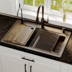 Karran 33" Drop In Quartz Composite Workstation Kitchen Sink, 50/50 Double Bowl, Brown, QTWS-880-BR-PK2