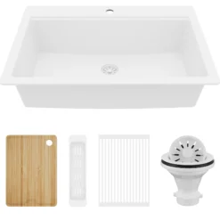Karran 33" Drop In Quartz Composite Workstation Kitchen Sink, White, QTWS-875-WH-PK2