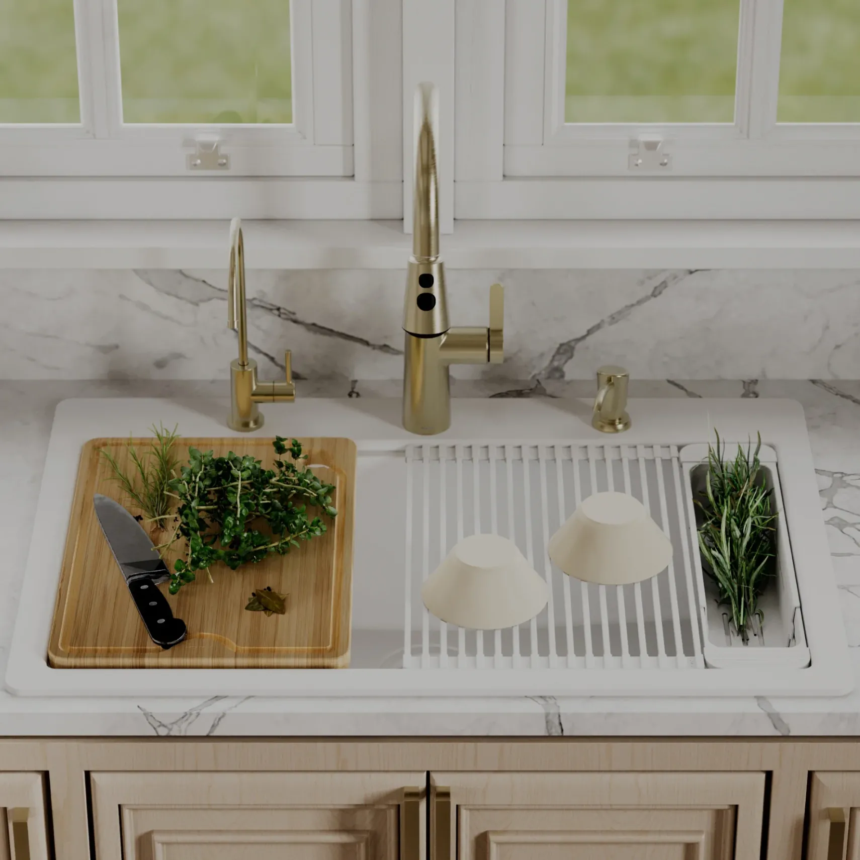 Karran 33" Drop In Quartz Composite Workstation Kitchen Sink, White, QTWS-875-WH-PK2