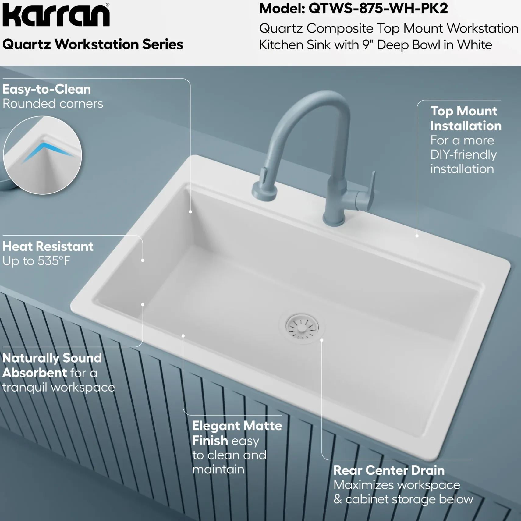 Karran 33" Drop In Quartz Composite Workstation Kitchen Sink, White, QTWS-875-WH-PK2