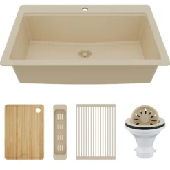 Karran 33" Drop In Quartz Composite Workstation Kitchen Sink, Bisque, QTWS-875-BI-PK2