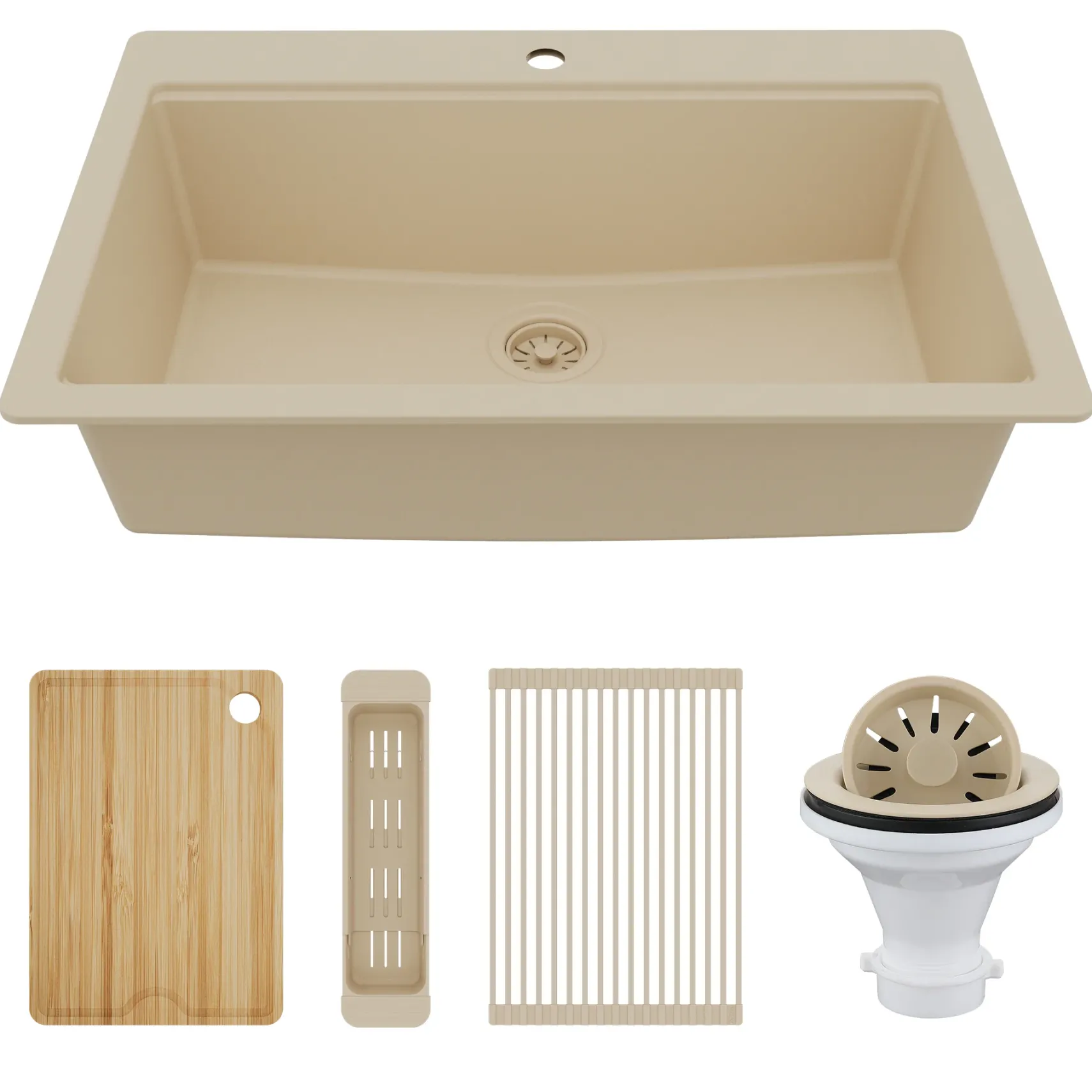 Karran 33" Drop In Quartz Composite Workstation Kitchen Sink, Bisque, QTWS-875-BI-PK2