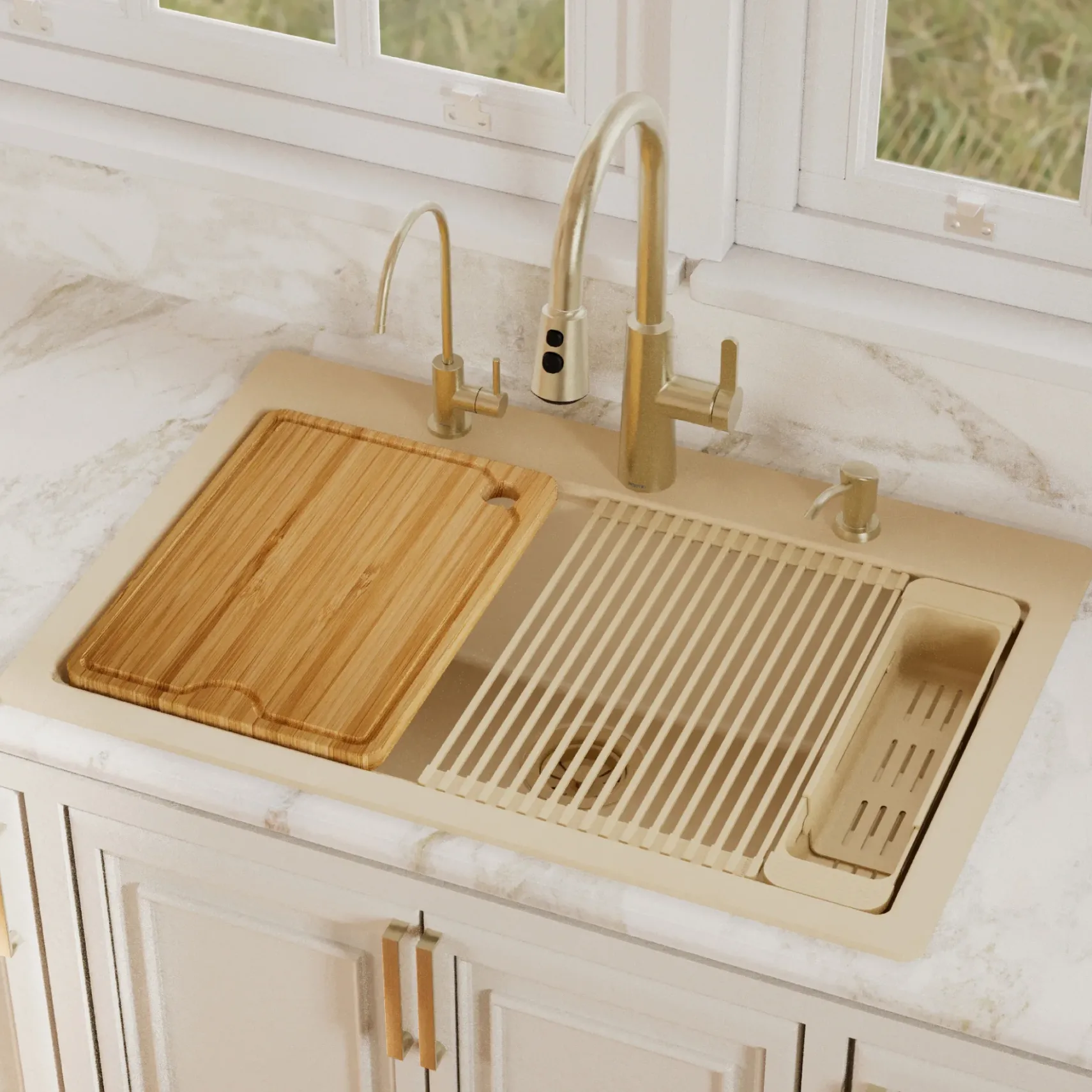 Karran 33" Drop In Quartz Composite Workstation Kitchen Sink, Bisque, QTWS-875-BI-PK2