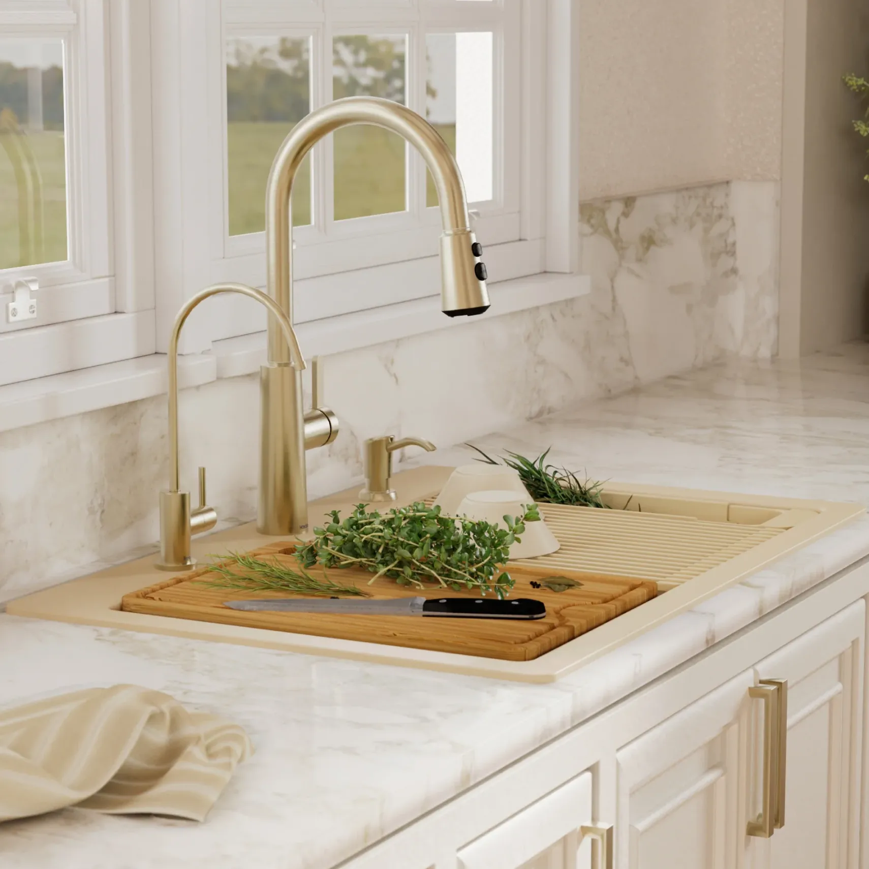 Karran 33" Drop In Quartz Composite Workstation Kitchen Sink, Bisque, QTWS-875-BI-PK2