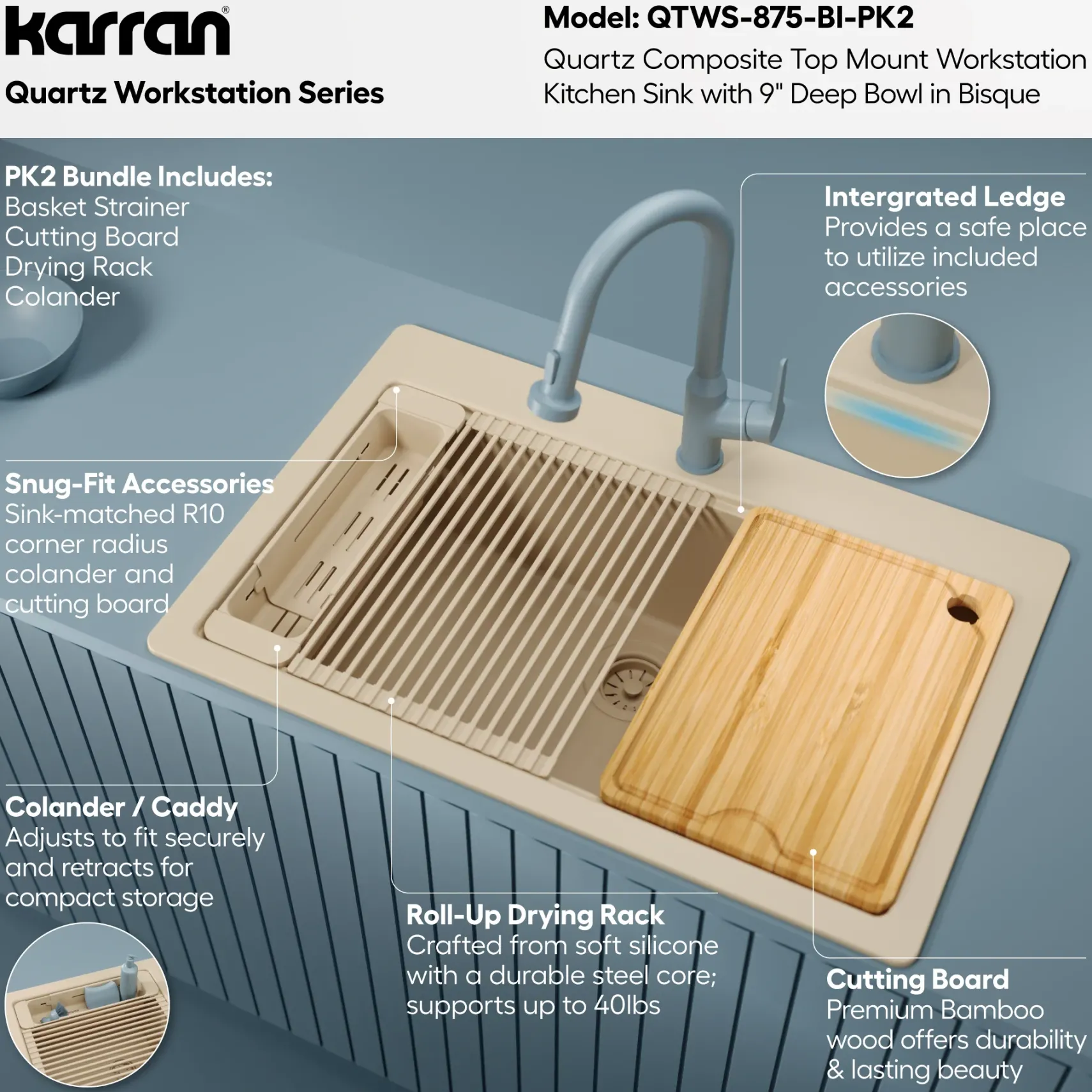 Karran 33" Drop In Quartz Composite Workstation Kitchen Sink, Bisque, QTWS-875-BI-PK2