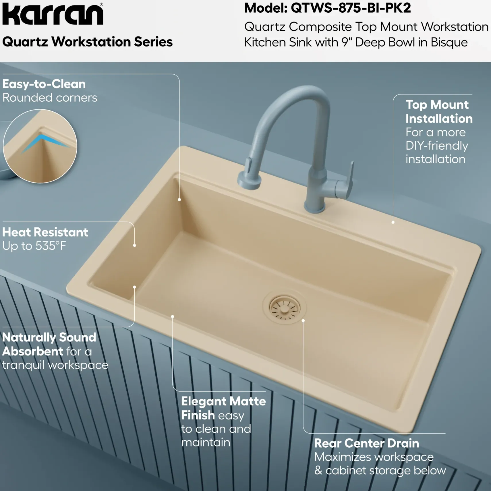 Karran 33" Drop In Quartz Composite Workstation Kitchen Sink, Bisque, QTWS-875-BI-PK2