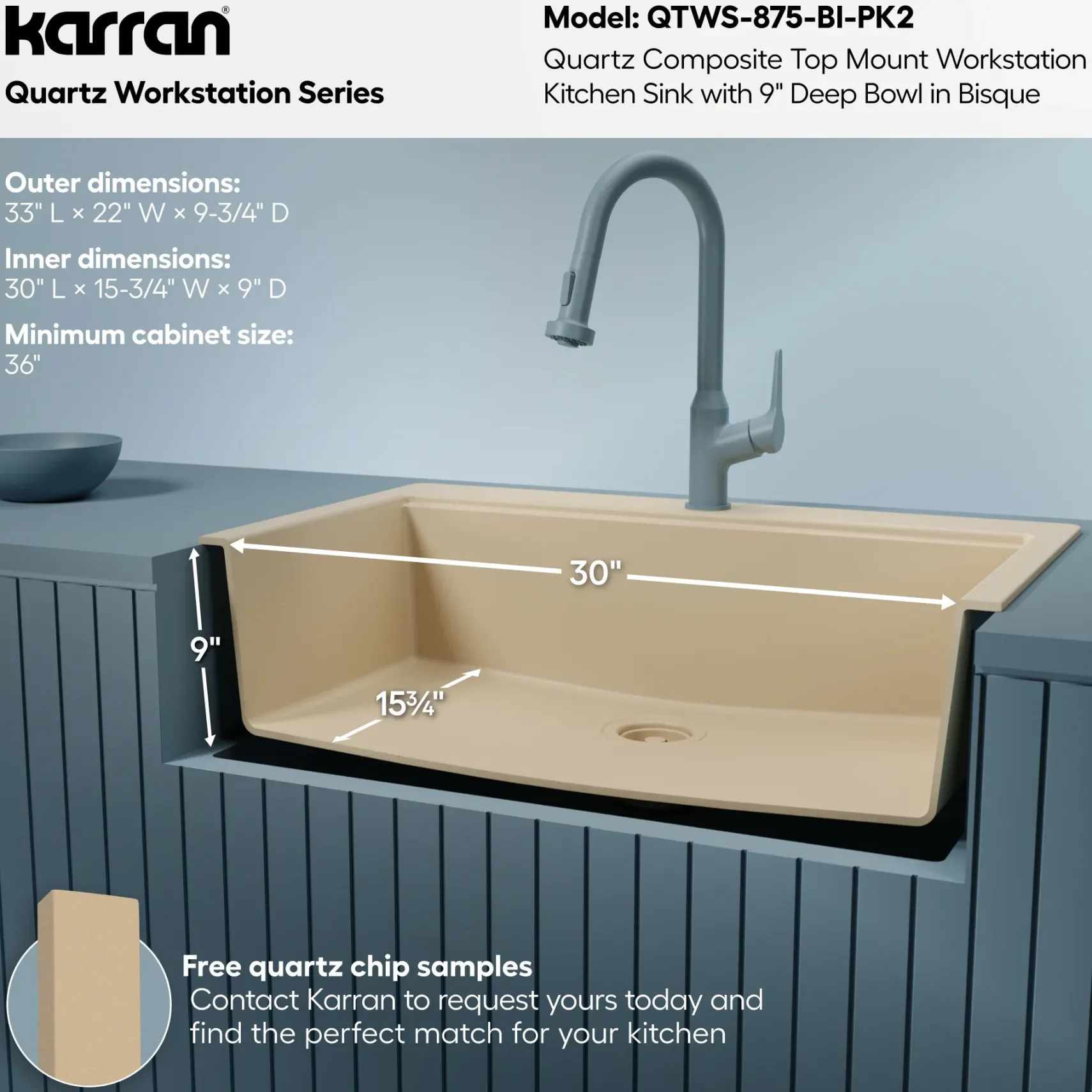 Karran 33" Drop In Quartz Composite Workstation Kitchen Sink, Bisque, QTWS-875-BI-PK2