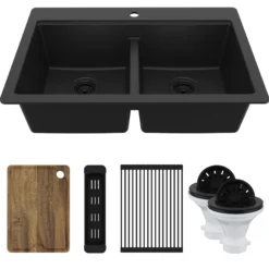 Karran 33" Drop In Quartz Composite Workstation Kitchen Sink, 50/50 Double Bowl, Black, QTWS-880-BL-PK2