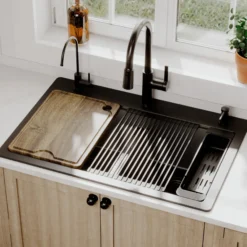 Karran 33" Drop In Quartz Composite Workstation Kitchen Sink, 50/50 Double Bowl, Black, QTWS-880-BL-PK2