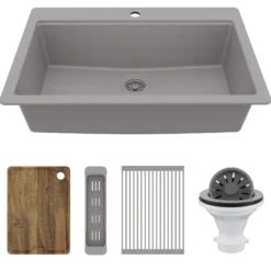 Karran 33" Drop In Quartz Composite Workstation Kitchen Sink, Grey, QTWS-875-GR-PK2