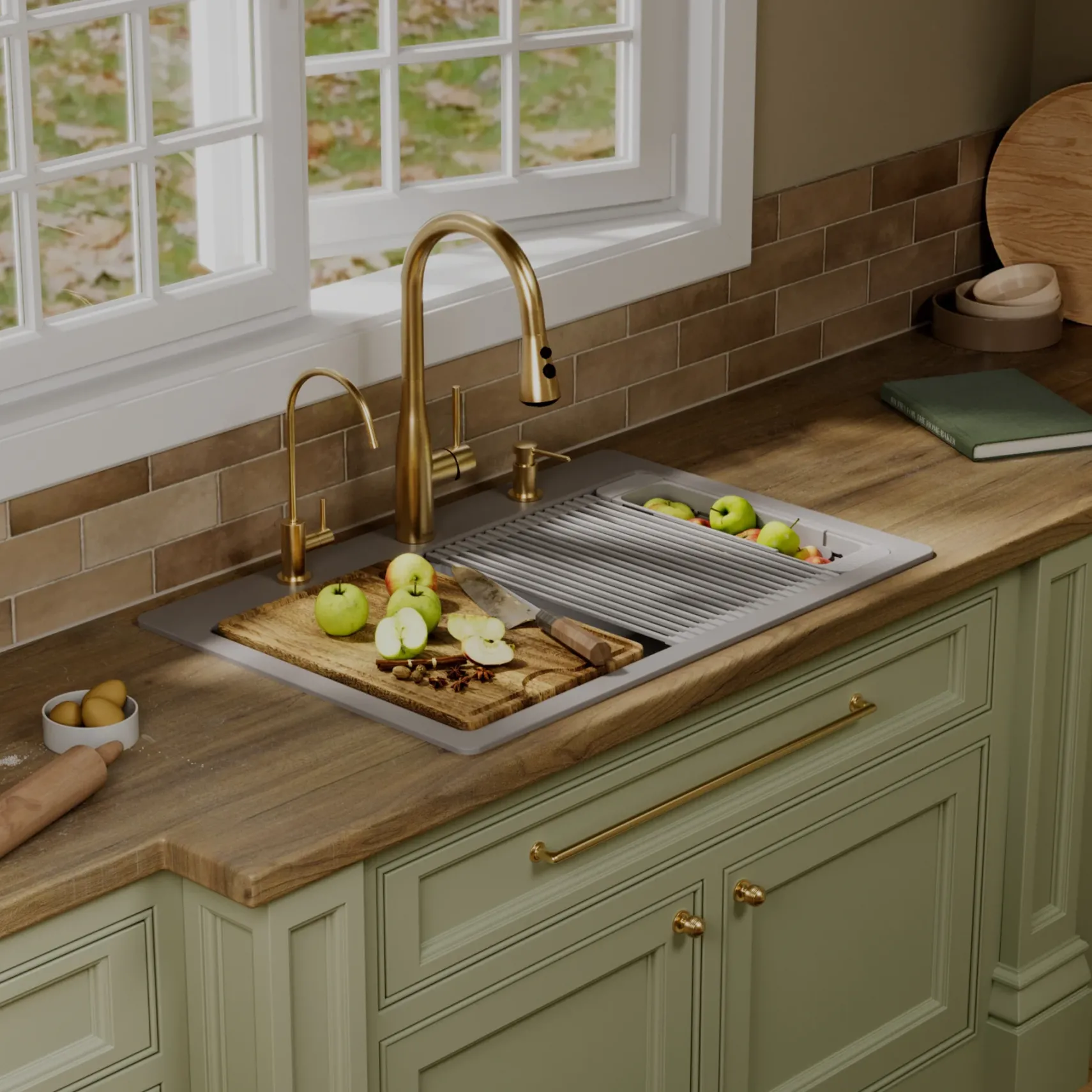 Karran 33" Drop In Quartz Composite Workstation Kitchen Sink, Grey, QTWS-875-GR-PK2