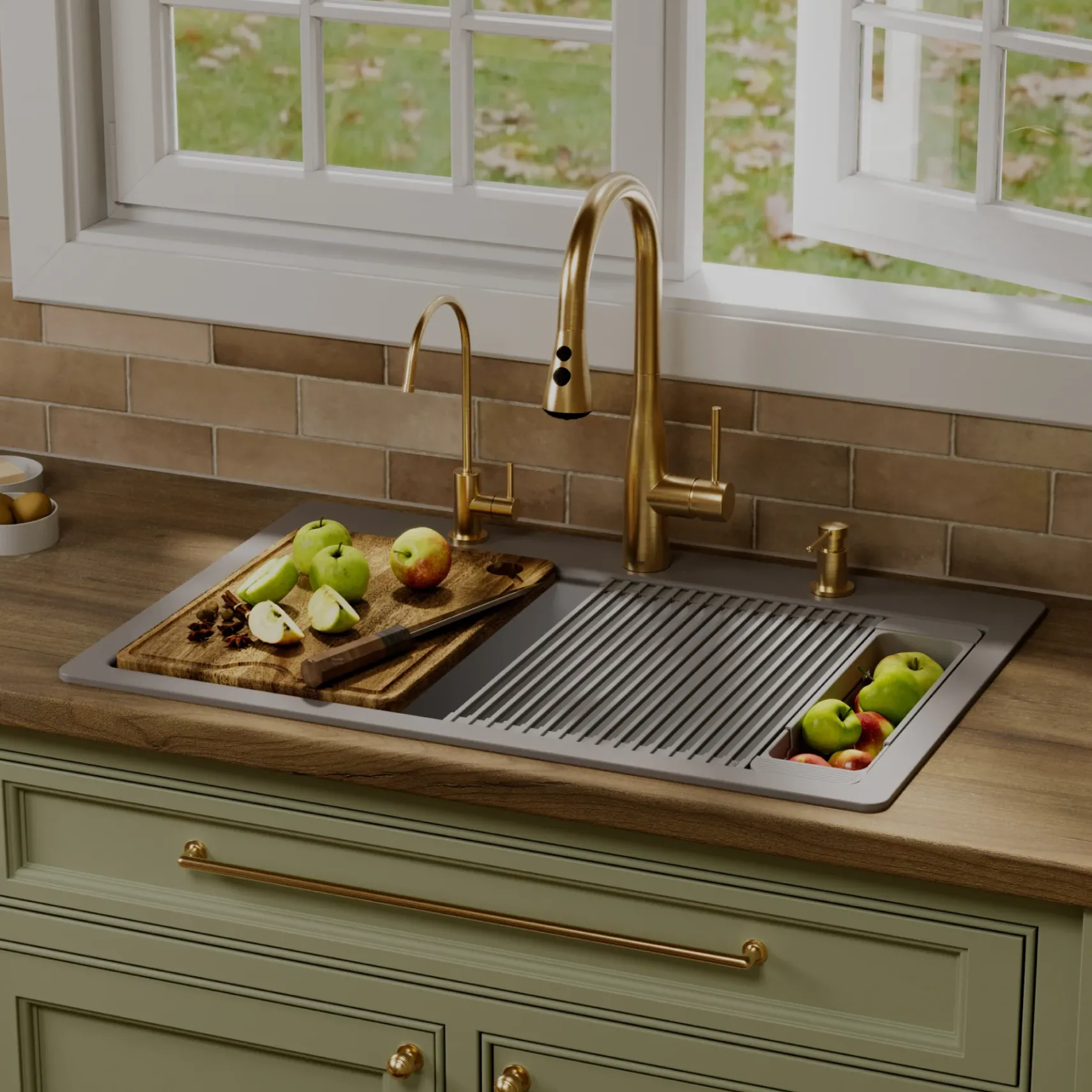 Karran 33" Drop In Quartz Composite Workstation Kitchen Sink, Grey, QTWS-875-GR-PK2