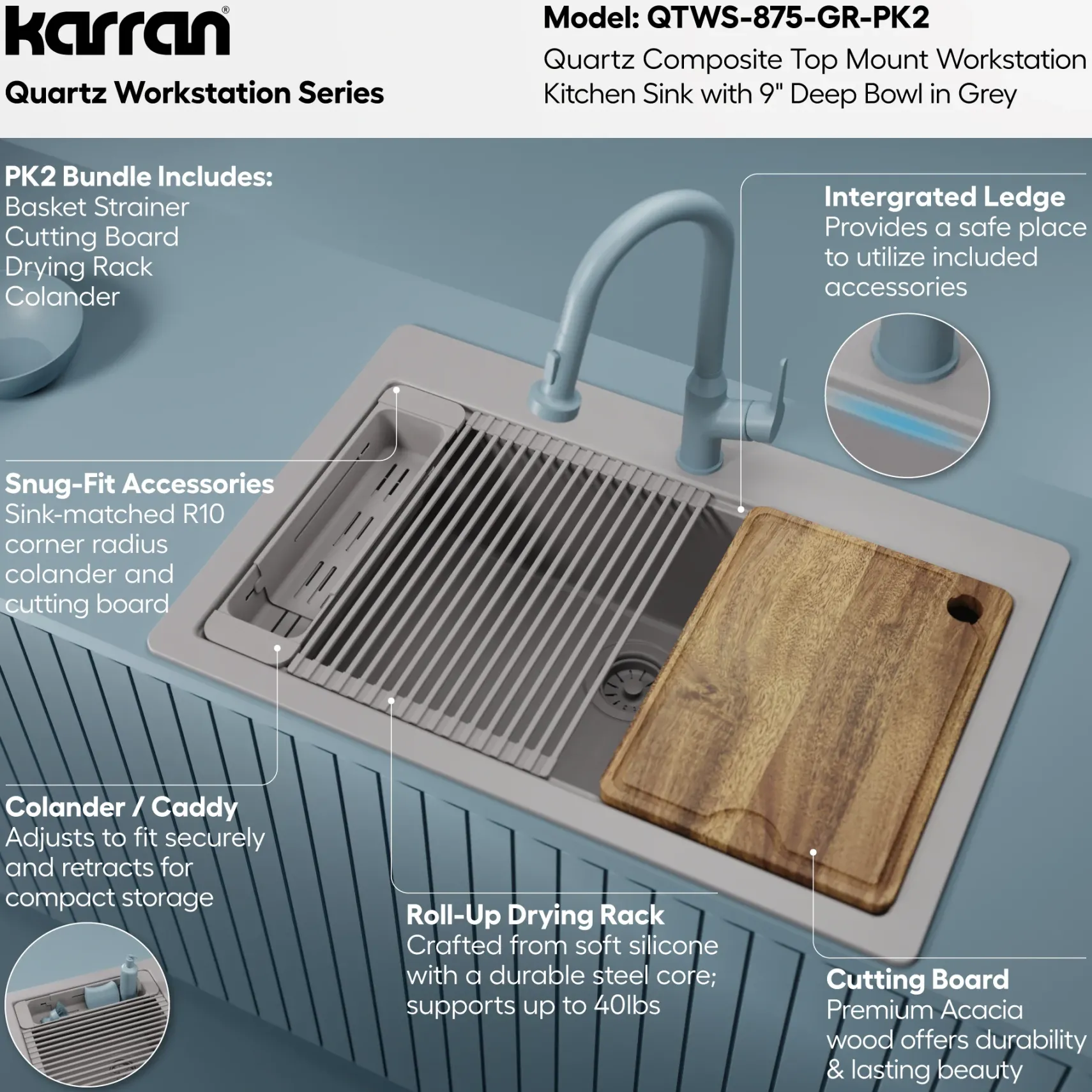 Karran 33" Drop In Quartz Composite Workstation Kitchen Sink, Grey, QTWS-875-GR-PK2