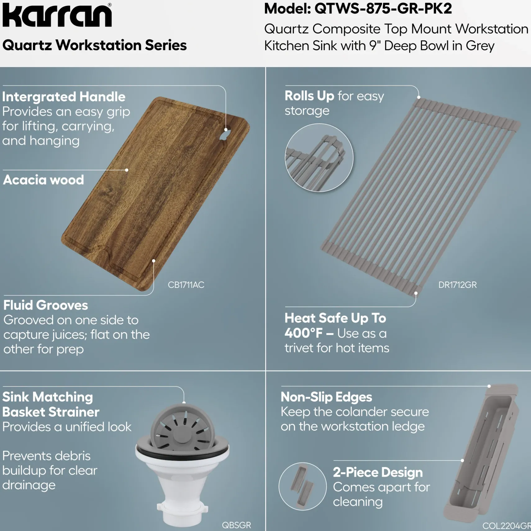 Karran 33" Drop In Quartz Composite Workstation Kitchen Sink, Grey, QTWS-875-GR-PK2