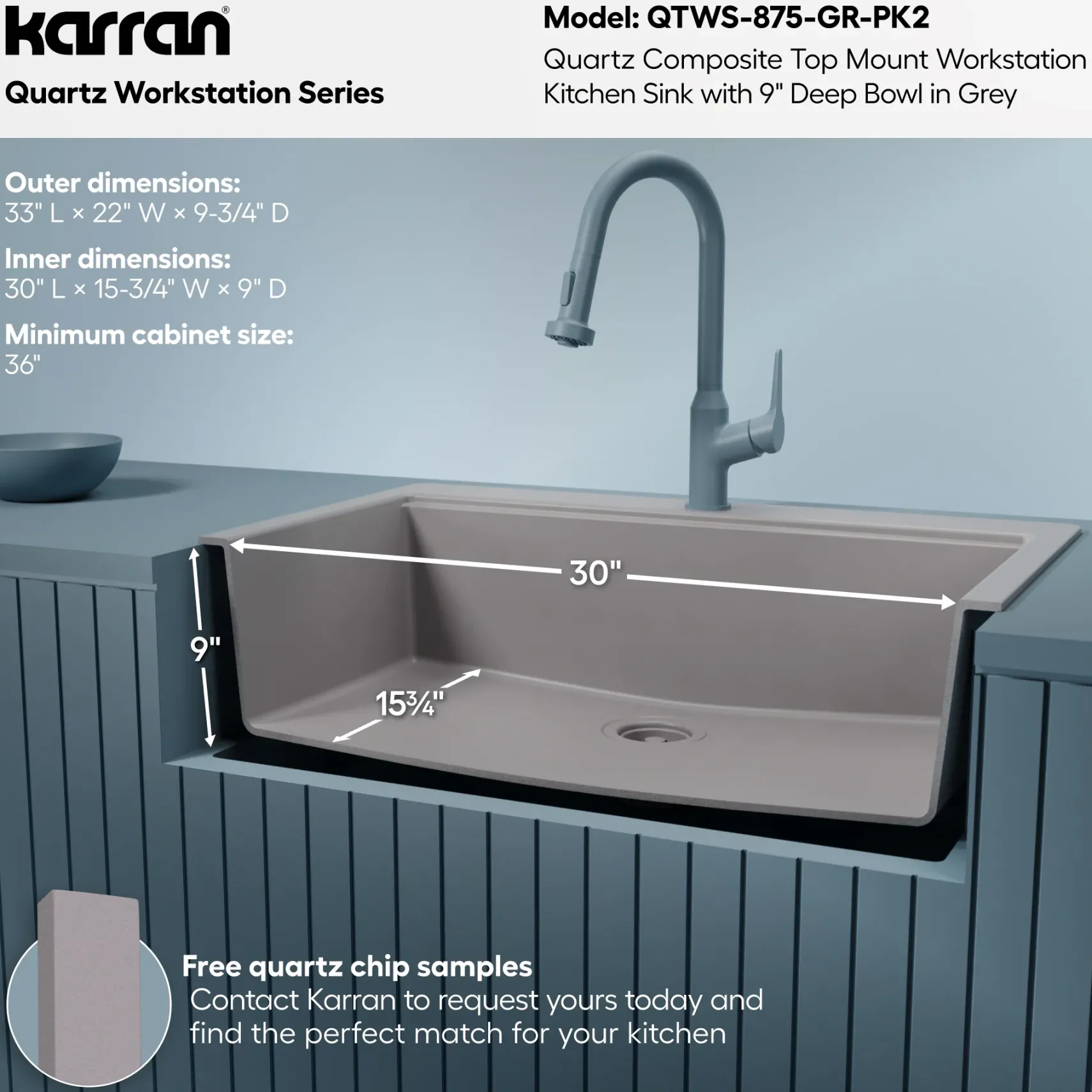Karran 33" Drop In Quartz Composite Workstation Kitchen Sink, Grey, QTWS-875-GR-PK2